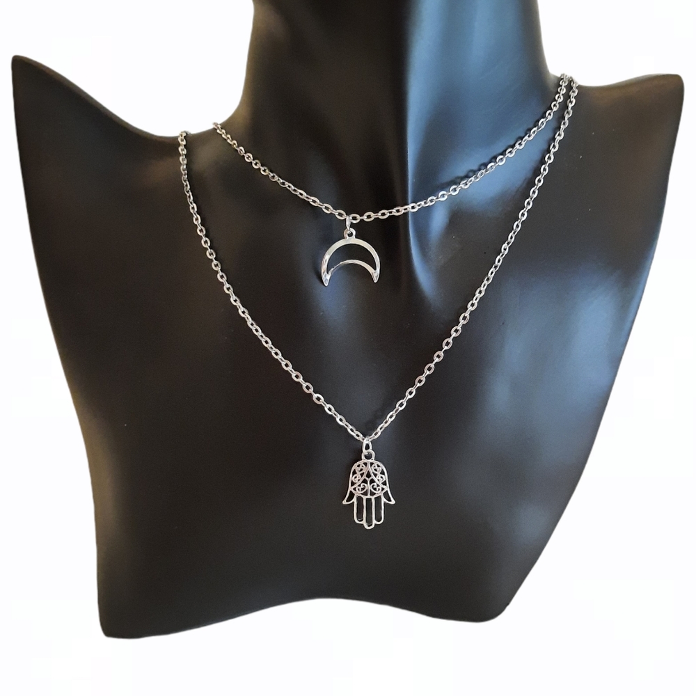 Silver Plated Layered Moon Hand of Fatima Necklace
